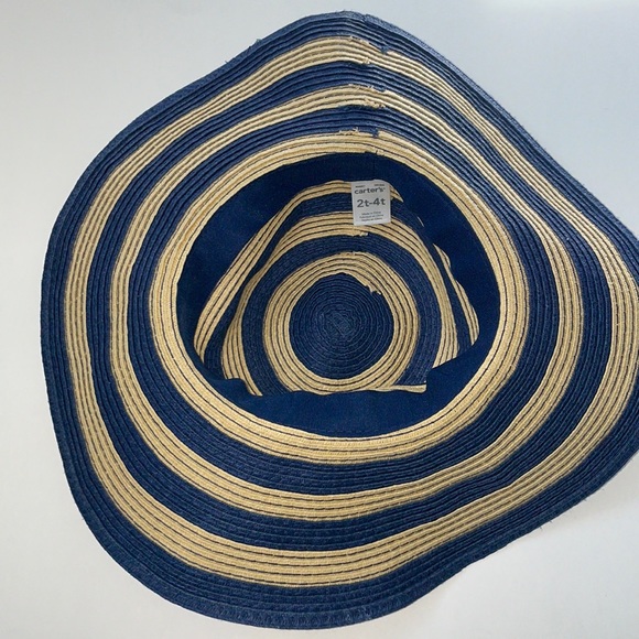 Carter’s Girls Straw Striped Floppy Hat| 2T-4T| Navy blue / Tan - Picture 2 of 3